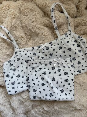 Garage PJ Set White Top&Bottom with Black Floral Print